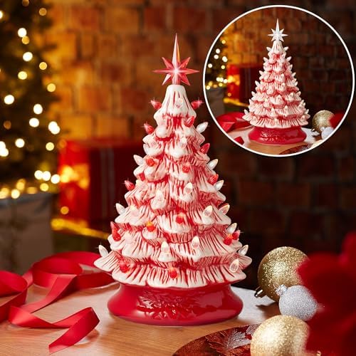 Casafield Hand Painted Ceramic Christmas Tree, Red and White Peppermint 15-Inch Pre-Lit Tree with 128 Red and Clear Lights, 2 Star Toppers