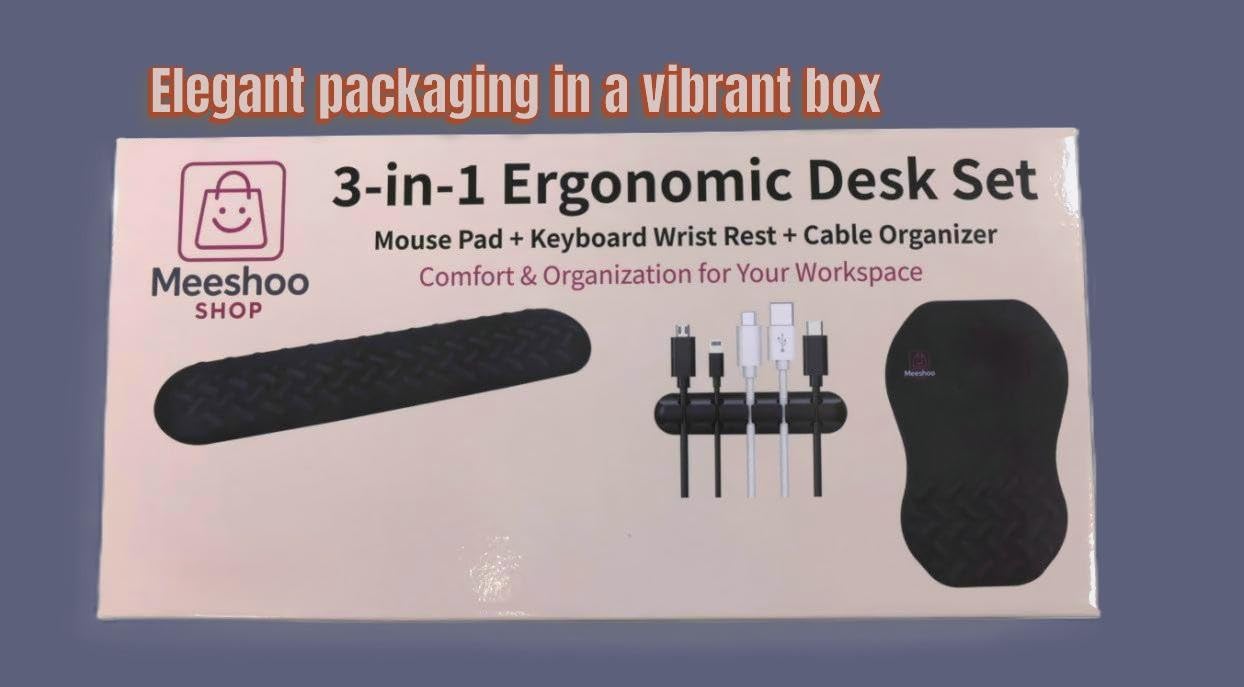 3-in-1 Ergonomic Mouse Pad Set with Keyboard Wrist Rest Support & Cable Organizer – Memory Foam for Carpal Tunnel & Pain Relief, Non-Slip Base – Ideal for Office & Gaming – Gift Box – Black-Meeshoo