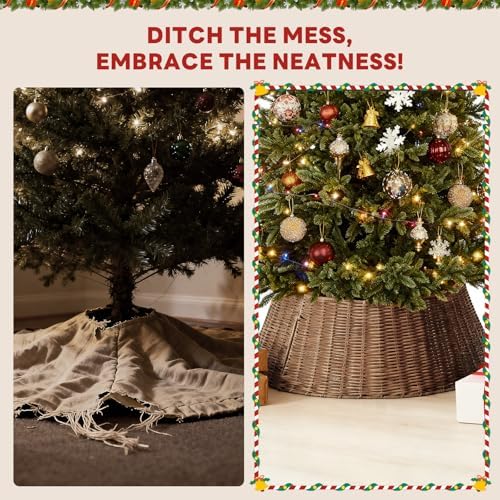 Sweetcrispy Christmas Tree Collar, Wicker Tree Collar for 6-9ft Trees, 4-Piece Wicker Base Cover, Handwoven & Durable for Holiday Decor, Decorative, Brown