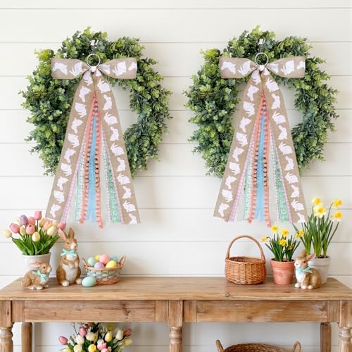 Suncalla 2 Pcs Easter Rabbits Ribbon Bow for Wreath Front Door