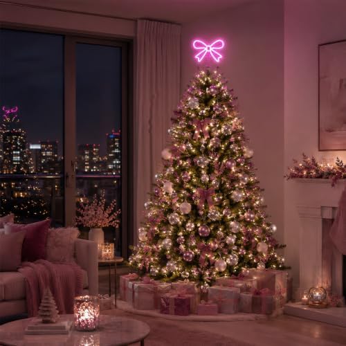 Christmas Bow Tree Topper, Pink LED Light, USB/Battery Powered, Xmas Decor