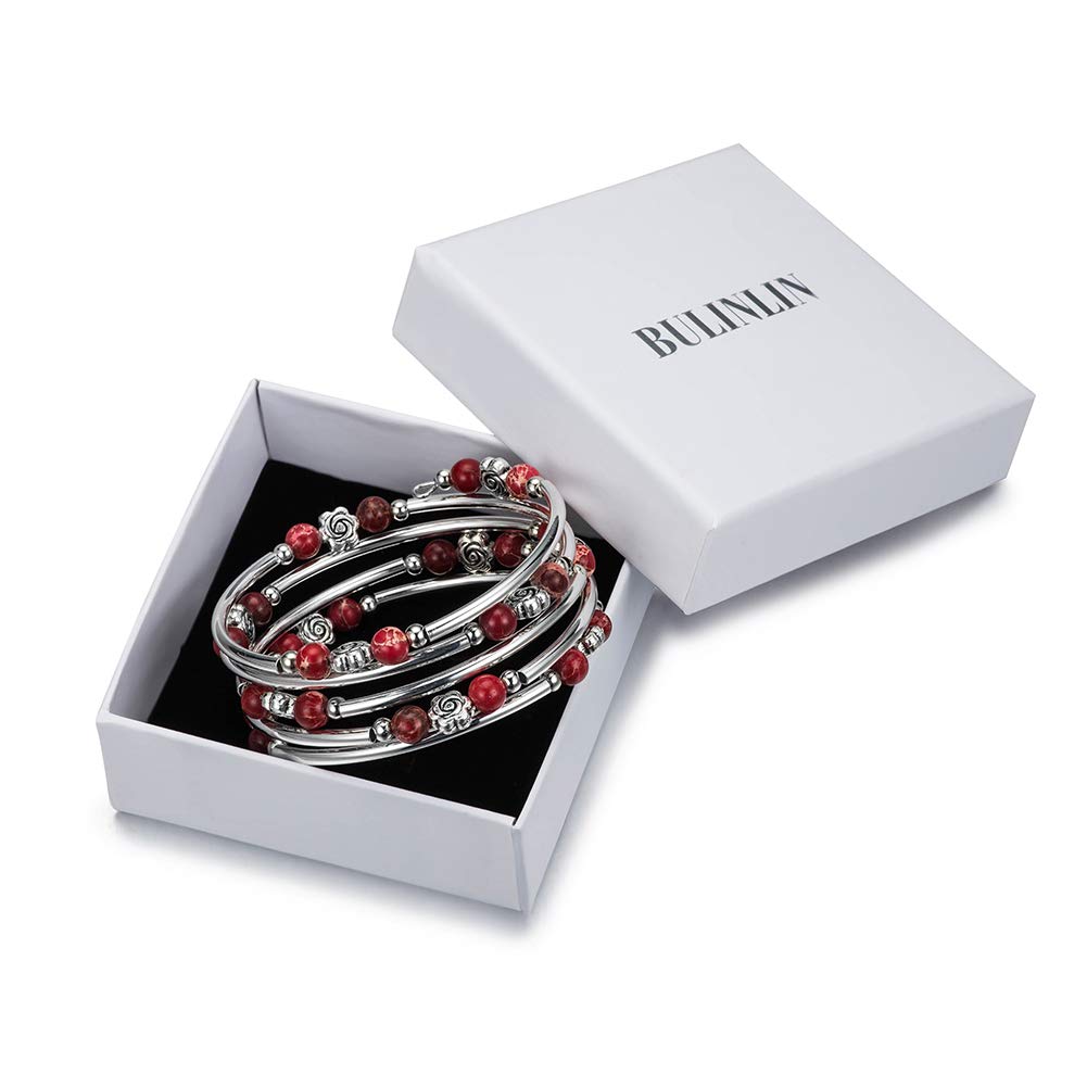BULINLIN Wrap Bangle Rose Bead Bracelet - Beaded Bracelet with Natural Agate Stone Gifts For Women(01-Imperial red)