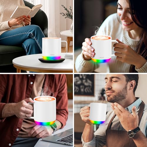 Vsitoo S6 Plus Smart Coffee Mug, 12oz,Temperature Controlled Mug & Electric Coffee Mug with Music Sync Lights,Auto-Sensing AI Heats Drinks to 120-150°F Hands-Free. Ideal for Home/Office/Gifts - White - color: White