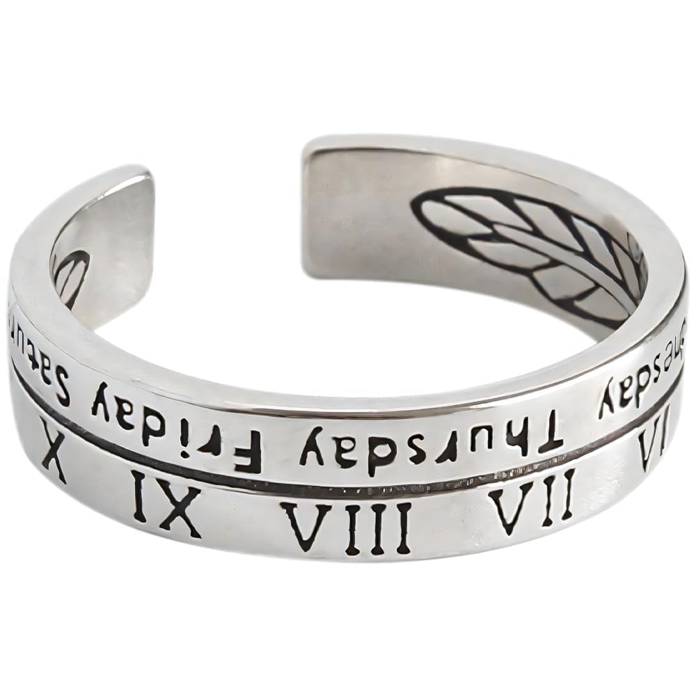 Handmade 925 Sterling Silver Bangle Bracelet For Women Men Wide Band Chunky Bangle Roman Numeral Cuff Bracelets Open Adjustable Bangle For Women Stackable Wrap Bangle Silver Cuff Bangles For Men