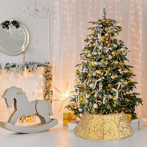Blissun Christmas Tree Collar, Sequin Christmas Tree Skirt, Foldable Tree Ring, Xmas Tree Stand Base Cover for Christmas Tree Decoration, Bright Gold