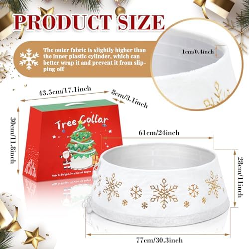 Christmas White Tree Collar Ring, 30'' Plush Gold Snowflake Sequin Tree Skirt, Christmas Artificial Tree Base Stand Cover, Xmas Tree Decorations Ornaments for Home Party Holiday