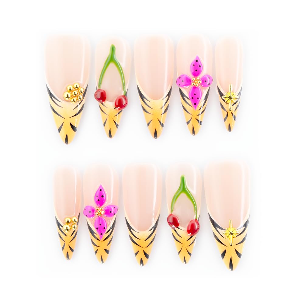 ROSELYNNE Press On Nails – 10PCS Gold Tiger French Tips with 3D Cherry & Floral Designs, Long Stiletto False Nails, Trendy Reusable Glue-On Nails for Women