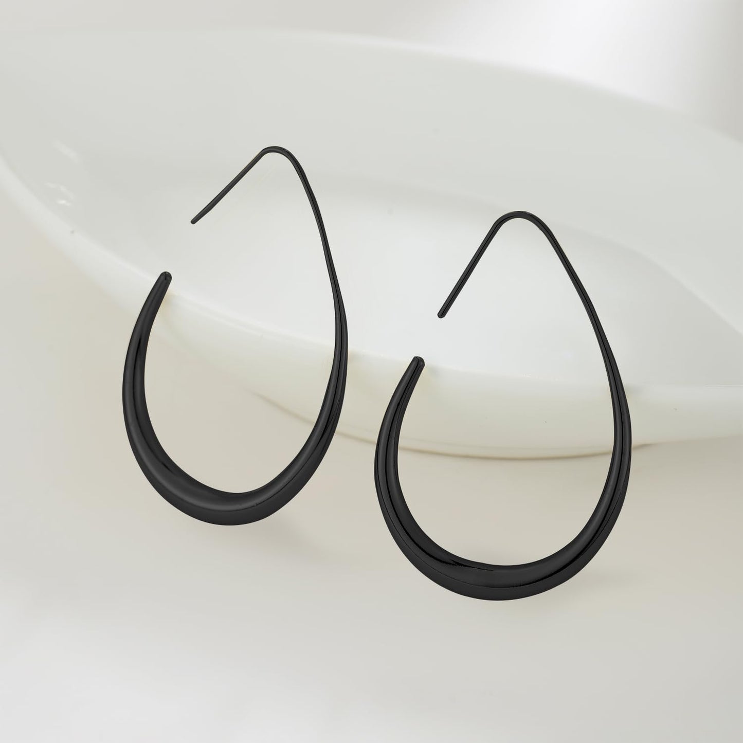Lightweight Teardrop Hoop Earrings for Women - 14k Gold/White Gold Plated Large Oval Pull Through Hoop Earrings High Polished Statement Jewelry Gift for Women (black 50 * 30)