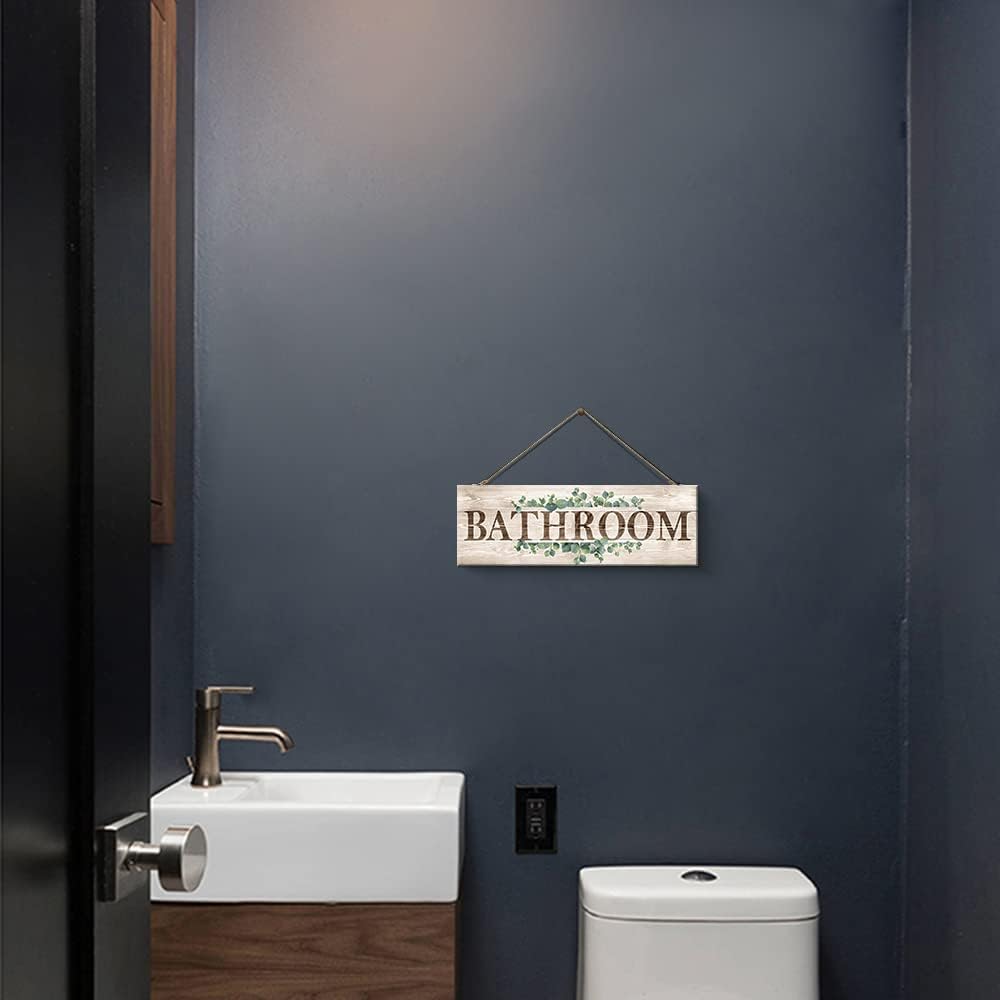 Bathroom Sign Wall Decor, Bathroom Wall Art with Plant Print, Rustic Farmhouse Wall Hanging Plaque Home Kitchen Decorative Bathroom, 4.7 x 13.7 inches