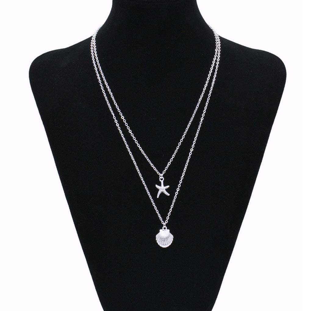Yalice Starfish Layered Necklace Chain Boho Shell Pendant Necklaces Beach Surfer Costume Jewelry for Women (Silver)