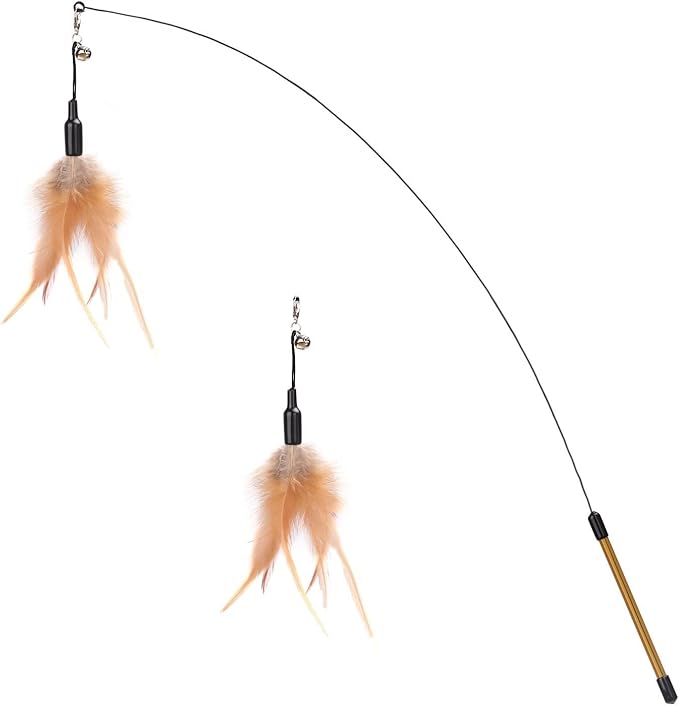 Pawaboo Cat Feather Wand Interactive Toy, 2 Feathers + 1 Wand with Bell