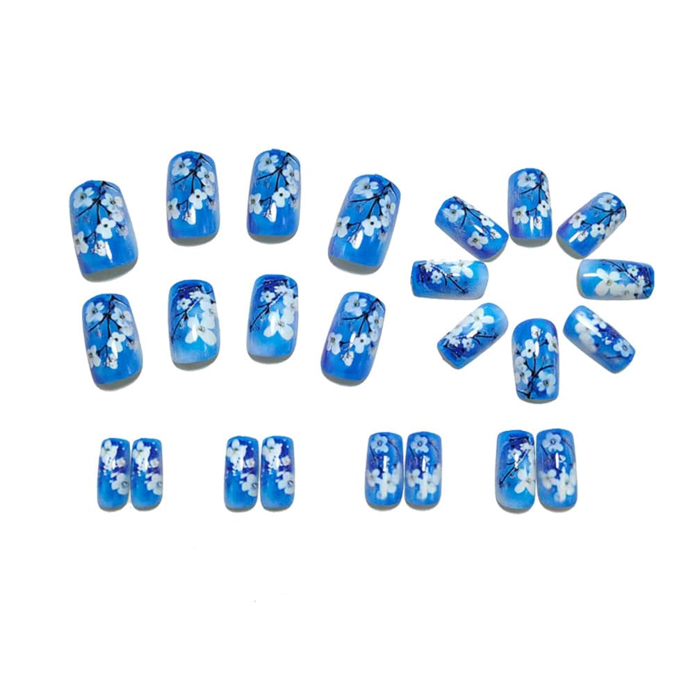 Blue Gradient Press on Nails with White Cherry Blossom Design Medium Square Reusable Floral Fake Nails Art, Full Cover Gel Manicure Tips for Women, Easy Application False Nails for Party/Everyday24PCS