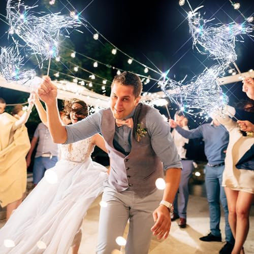 48 Pcs Lighted Wedding Wands LED Tinsel Wands Streamers Wedding Sparklers Send Off Light Sticks for Reception Birthday Exits Baby Shower Concert Christmas Party Favors(Silver)