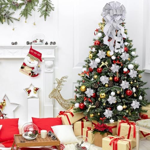 Syhood 13 Pcs Christmas Bow Tree Topper Set White