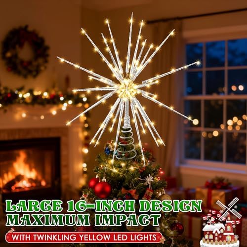 Meonum LED Starburst Christmas Tree Topper with Timer, Silver, 16inch