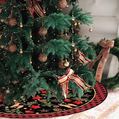 Yule Christmas Tree Skirt 48 Inch Pagan Christmas Tree Mat with Scandinavian Straw Goat Julbock Mistletoe Happy New Year Winter Xmas Tree Decor Christmas Party Decorations