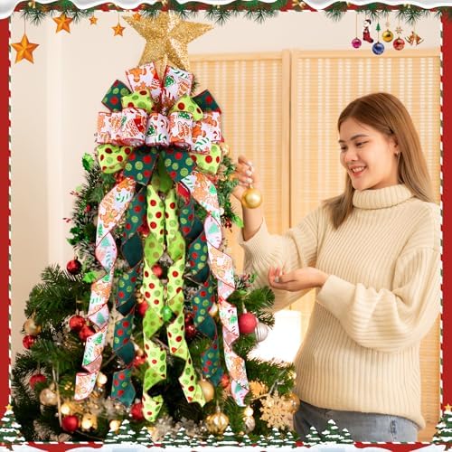 Suncalla 2 Pcs 44 x 13 Inch Large Christmas Tree Toppers Green Christmas Tree Ornaments Gingerbread Man Ribbon Bows Lime Green Glitter Polka Dot Wreath for Xmas Holiday Indoor Front Door Staircase