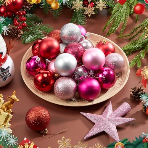 RoundFunny 25 Pcs Mini Valentine's Balls Ornaments Set Valentine's Day Ball Topper Star Tree Hanging Ornaments for Party Decoration(Fresh Colors)