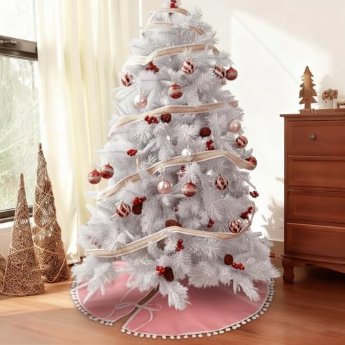 Syhood 30 Inch Christmas Tree Skirt Fall Linen Burlap Tree Skirt, Pink