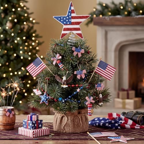 Gejoy 6 Inch Patriotic Tree Topper Glitter Star Tree Topper Patriotic American Flag Red White Blue Trees Decor for Indoor Outdoor Home Office Decor