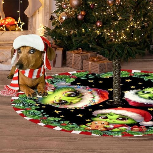 Christmas Tree Skirt 48 Inch, Cute Christmas Cartoon Xmas Tree Skirt Holly Wreath Star Candy Cane Edge Winter Holiday Party Decorations for Christmas Tree Base