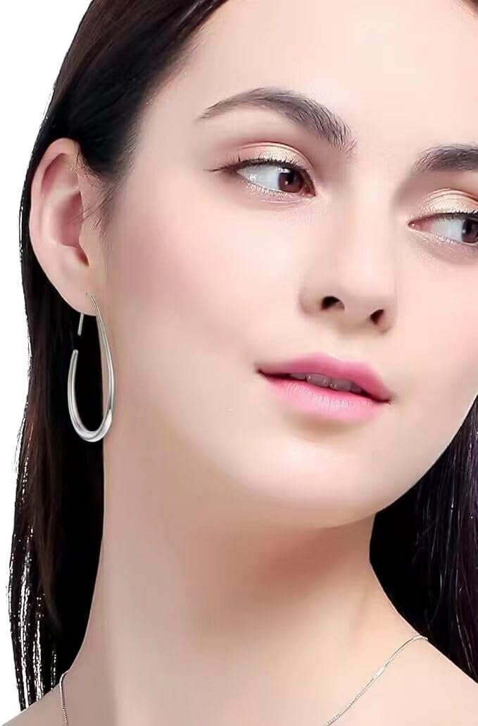 Lightweight Teardrop Hoop Earrings for Women - 14k Gold/White Gold Plated Large Oval Pull Through Hoop Earrings High Polished Statement Jewelry Gift for Women(silver 50 * 30)