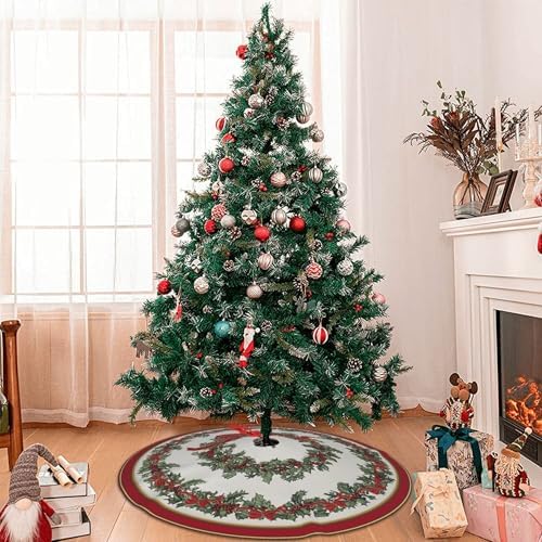 Bow Holly Fruit Christmas Tree Skirt 36 Inch Xmas Tree Mat Party Decor Supplies for Holiday Home Decorations