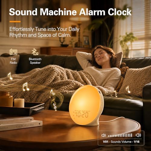 JALL Full-Screen Wake Up Light Sunrise Alarm Clocks for Bedrooms, White Noise Machine for Heavy Sleepers, 25 Natural Sounds, Dual Alarms, FM Radio, 17 Dimmable Colors, Bluetooth Speaker