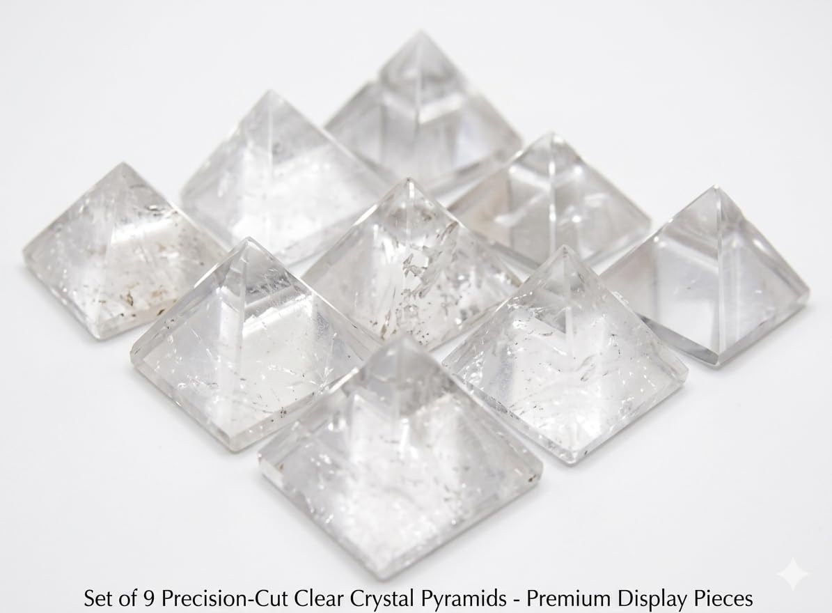 crystalmiracle Clear Quartz Crystal Pyramid, Positive Energy Natural Pyramids Set of 9, Collectible Crystals Pyramids for Healing, Meditation Gift Decor