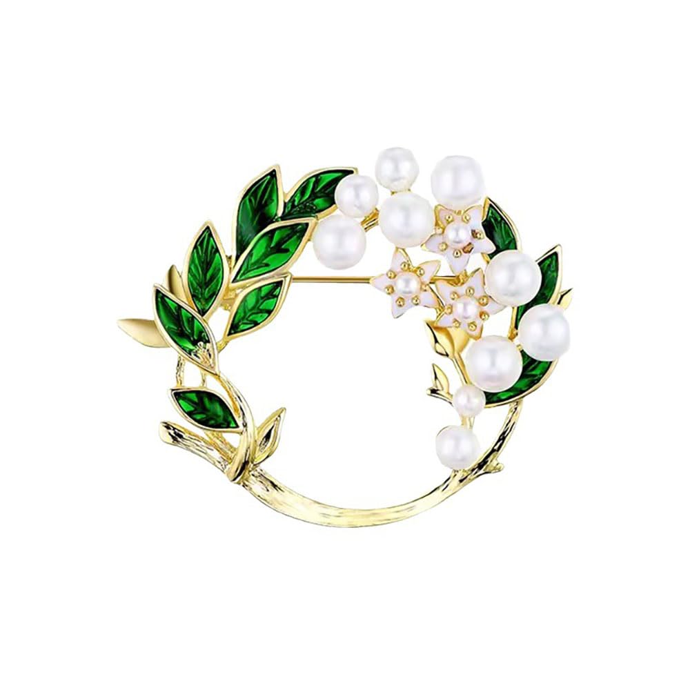 Yellow Flower White Pearl Brooch - Fall Autumn Wedding & Party Accessory (Green Leaf)