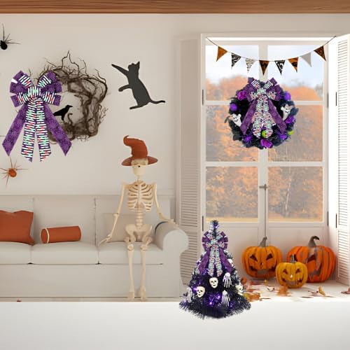 Large Halloween Tree Topper Bow, Purple Spider Web Wreath Bow