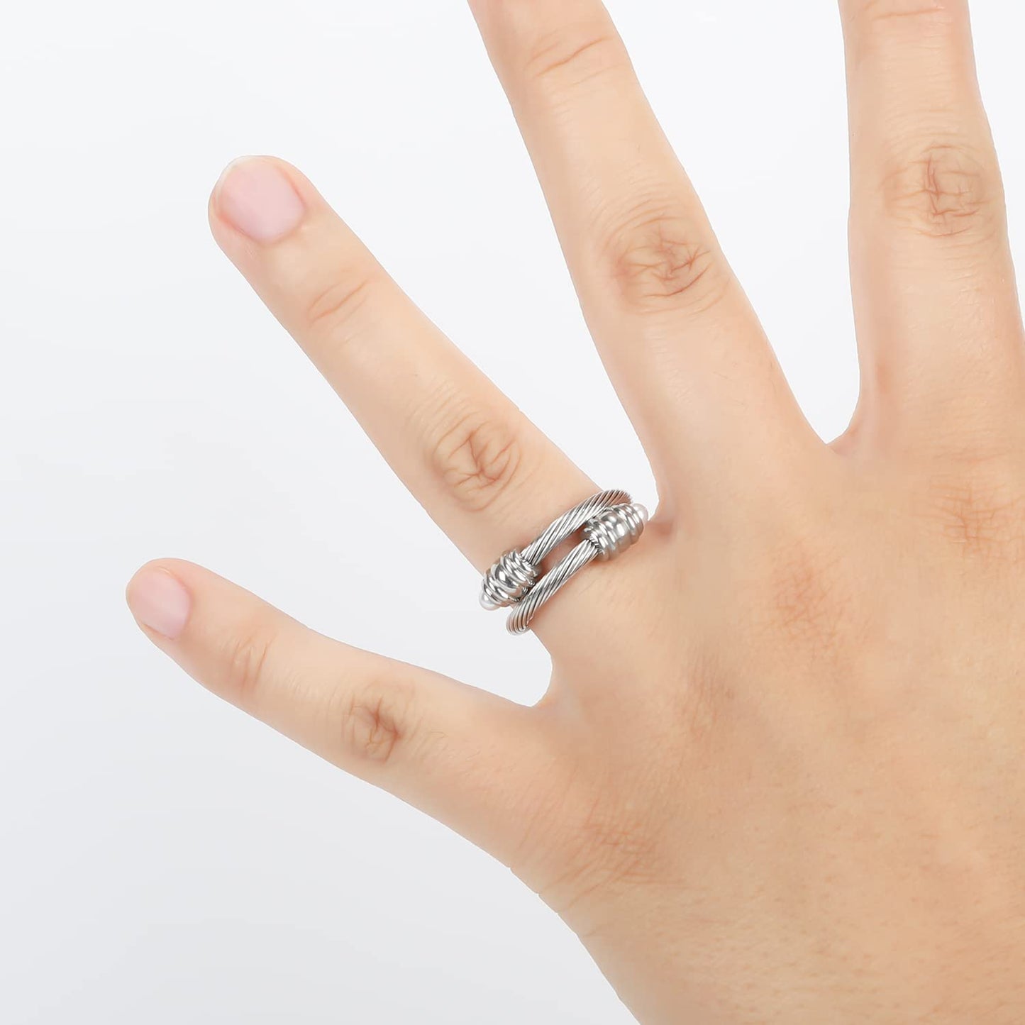 FOCUSTEEL Cable Ring, a Cuff Pearl Ring Designed to Fit Finger Circumference Between 70mm-90mm