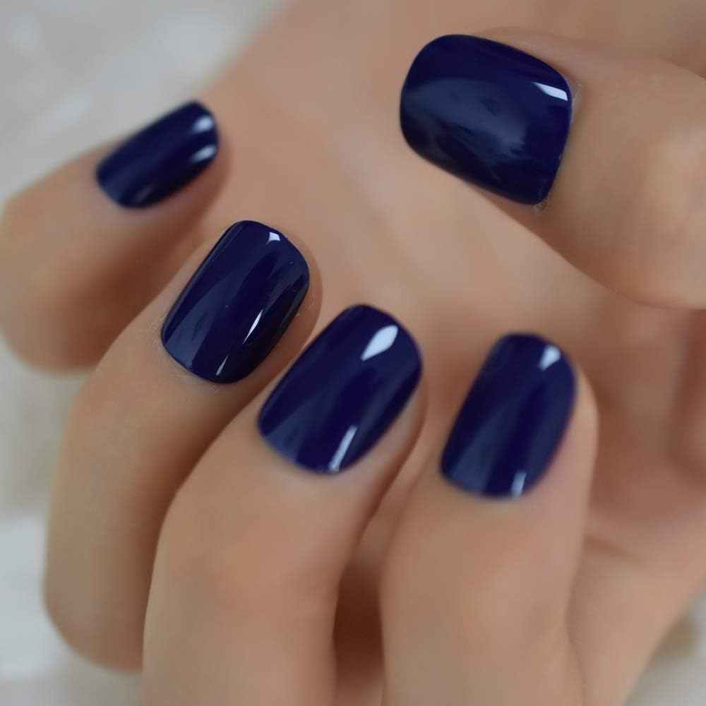 Royal Blue Press on Nails - iBeautying False Nails - Dark Blue Solid Finish Finger Daily Wear Nail - Medium Short Square Acrylic Reusable Fake Nails 24pcs