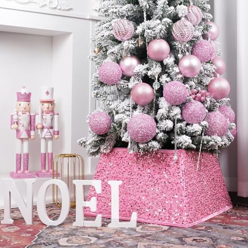 Christmas Tree Collar with Sparkling Sequins 24 Inch Tree Skirt for Holiday Home Decor (Rose Pink, Medium)