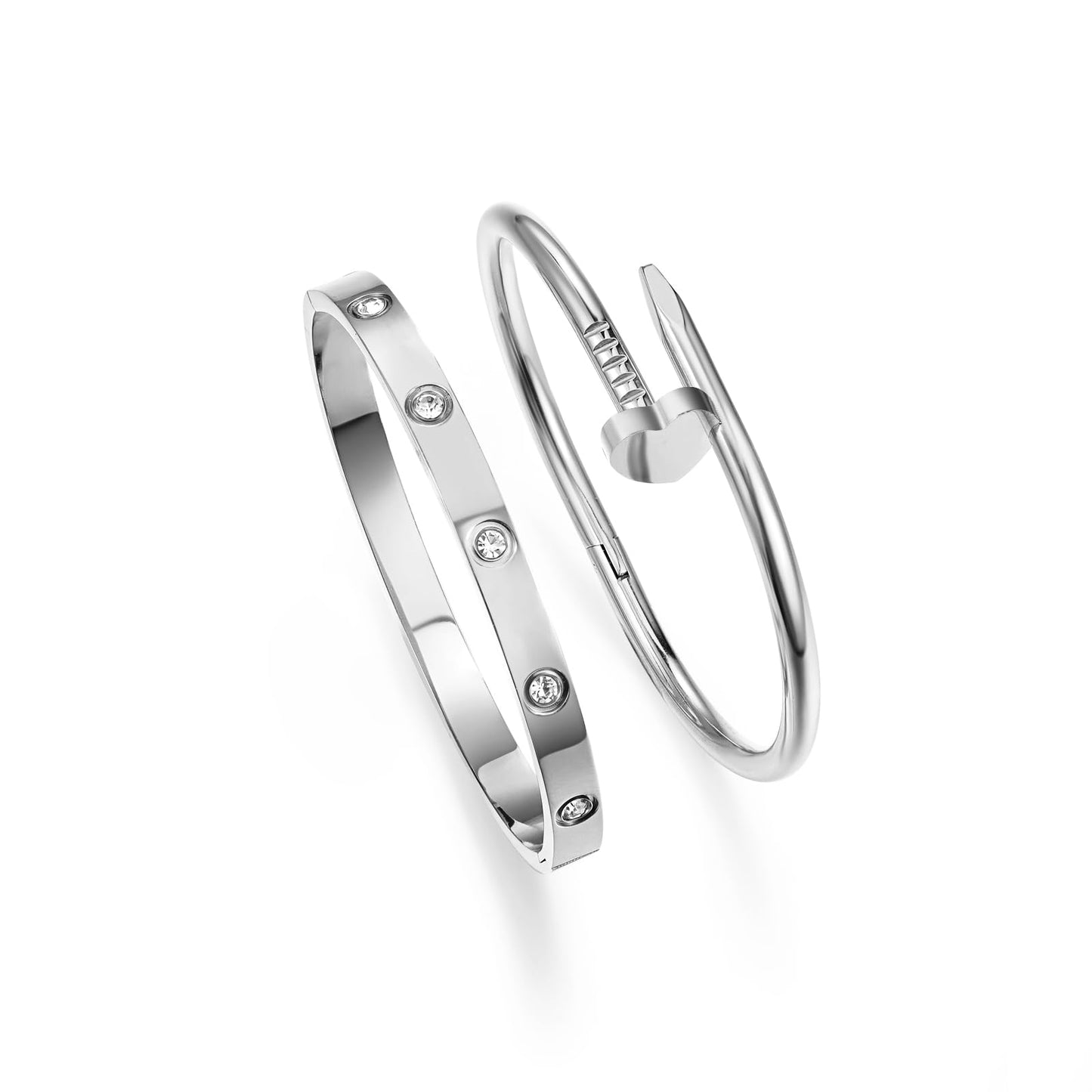 sineed 18K Gold Plated Stainless Steel Love Nail Bangle Clover Bracelet Set Stackable Dupes for Love Trendy Jewelry (White Gold)