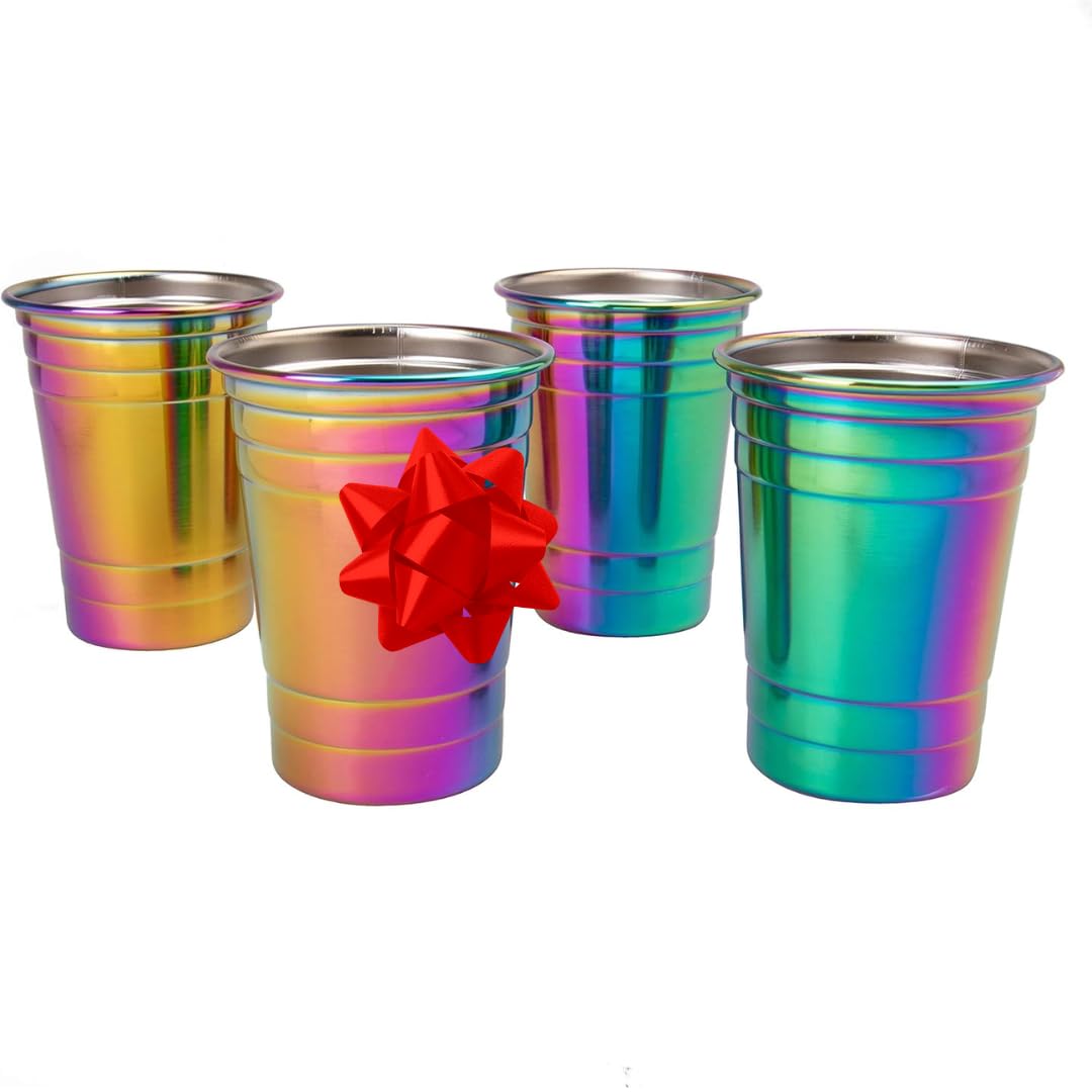 D'Eco Rainbow Stainless Steel Party Cups (4 Pack, 16 oz) - Reusable, Stackable, BPA-Free Metal Tumblers - Shatterproof Drinking Cups for Parties, Games, College, Entertaining, Outdoor & Everyday Use