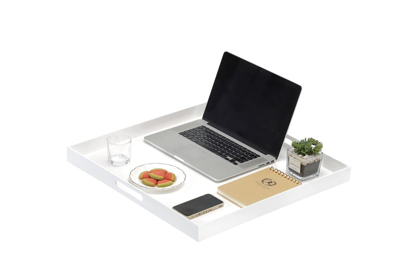 BEYLANG Glossy White Sturdy Acrylic Serving Tray with Handles-24x24Inch-Serving Coffee,Appetizer,Breakfast,Butler-Kitchen Countertop Tray-Makeup Drawer Organizer-Vanity Table,Ottoman Tray-Decorative