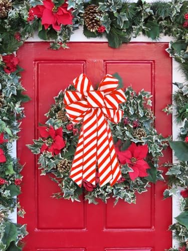 Large Christmas Bows - Red and White Striped for Wreath, Tree Topper and Front Door - Winter New Year Ornament - Indoor/Outdoor Decor