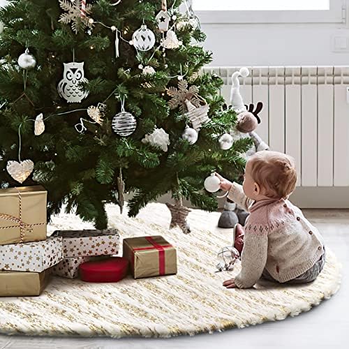 Christmas Tree Skirt White Bronzing Luxury Faux Fur Tree Skirt (Gold 48in)