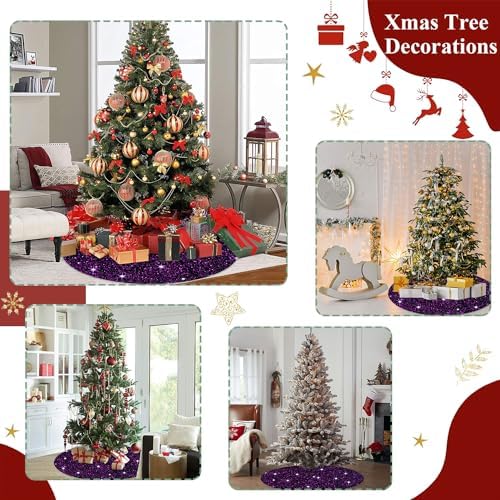 FUHSY 48 Inch Sequin Tree Skirt Christmas Purple Tree Skirts Velvet Tree Mat Halloween Theme Tree Skirt Glitter Xmas Tree Skirts Shimmer Round Tree Cover Skirt for Holiday Halloween Tree Decorations