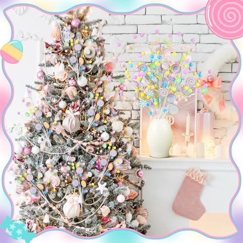 Janinka 8 Pcs Christmas Picks Decorations Pastel Tree Macaron Candy Picks 16 Inches Pastel Christmas Tree Topper for Xmas Vase Fillers DIY Crafts Displays Home New Year(Macaron, Lollipop)