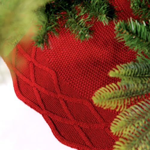 WBHome Christmas Tree Skirt, 48 inch Cable Knit Knitted Thick Rustic Holiday Decoration, Christmas Red