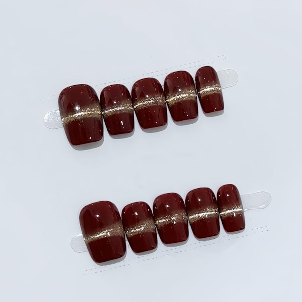 GLORS Wine Red & Gold Press on Nails, Handmade Reusable False Nails with Luxe Sheer Glitter Design, Short Square Shape, 10 Pieces (XS Size, SS)