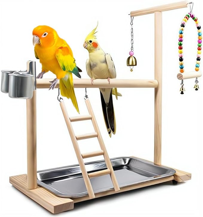 Bird Playground Parrot Playstand, Parrot Stand,Bird Wood Tall Standing Block,Game Table with Feeder… (G-500)