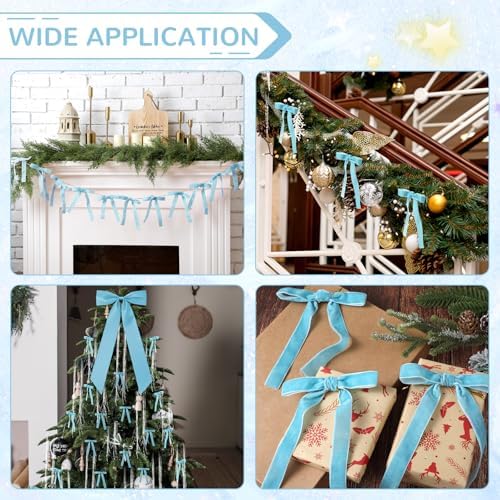 Shihanee Blue Christmas Bows Decor Set 1 Large Satin Christmas Tree Topper 24 Blue Velvet Ribbon Bows with 3000 Strands Silver Tinsel Icicles Xmas Ornament for Holiday Wreath Gift Wrapping Decoration
