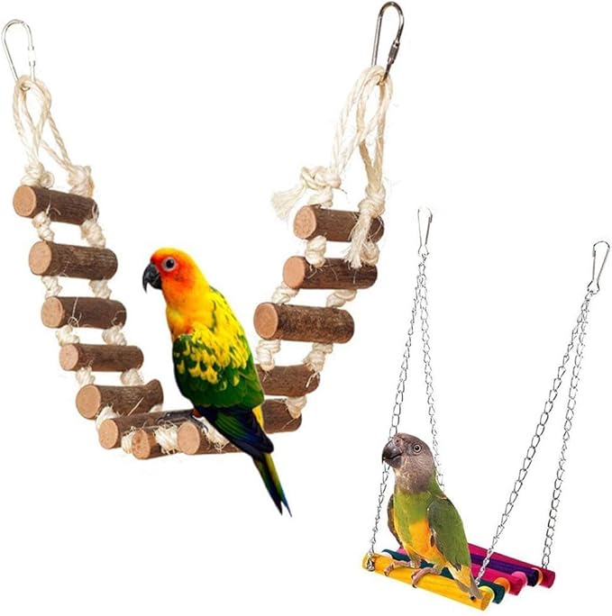 PINVNBY 2 PCS Extra Large Bird Ladder Toys, Wooden Parakeet Swing Toys with Colored Beads, Bird Cage Accessories for Parrot Macaws African Greys Conure Cockatiel (25.6''-10 Steps and 39.3''-18 Steps)