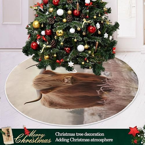 Cool Highland Cow Christmas Tree Skirt Home Festive Holiday Halloween Decoration Large Round Tree Skirt 47.2 Inches