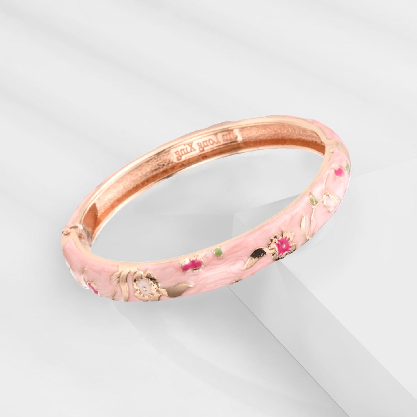 UJOY Elegant Bracelet Plated Enameled Jewelry Spring Hinge Metal Cuff Cloisonne Bangles Set Gift Box Packed 55A82-55A111 Green Pink