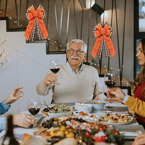Unittype 2 Pcs Fall Bow Wreath Thanksgiving Burlap Bow Fall Orange Pumpkin Wreath Decor Buffalo Plaid Tree Topper for Indoor Outdoor Wall Party Decoration, 10 x 18 Inch(Retro Style)