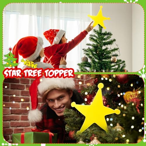 Halloscume 8.5 Inch Funny Christmas Star Tree Topper Decor Whimsical 3D Printed Yellow Star Decoration for Green Bendable Christmas Tree Pentagram Treetop Ornament Unique Xmas Party Holiday Decoration
